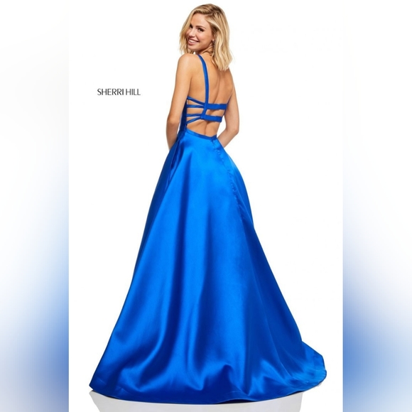 Sherri Hill Scoop Neck Strappy Back Long A Line Satin Dress, Royal Blue 52715 - Picture 3 of 13
